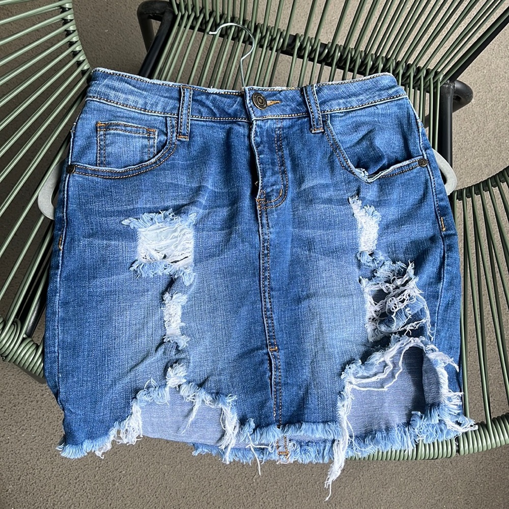 Distressed, denim skirt
